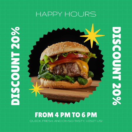 Fast Casual Restaurant Happy Hours Ad with Burger Instagram Design Template