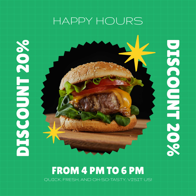 Fast Casual Restaurant Happy Hours Ad with Burger Instagram Design Template