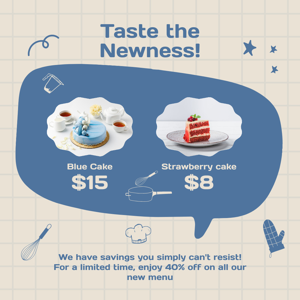 Ontwerpsjabloon van Instagram van Taste the New Cakes Offer on Blue