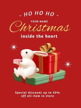 Christmas Offer with 3d Illustrated Rabbit Red Poster US Design Template