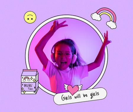 Platilla de diseño Funny Cute Little Girl jumping to the Music Facebook