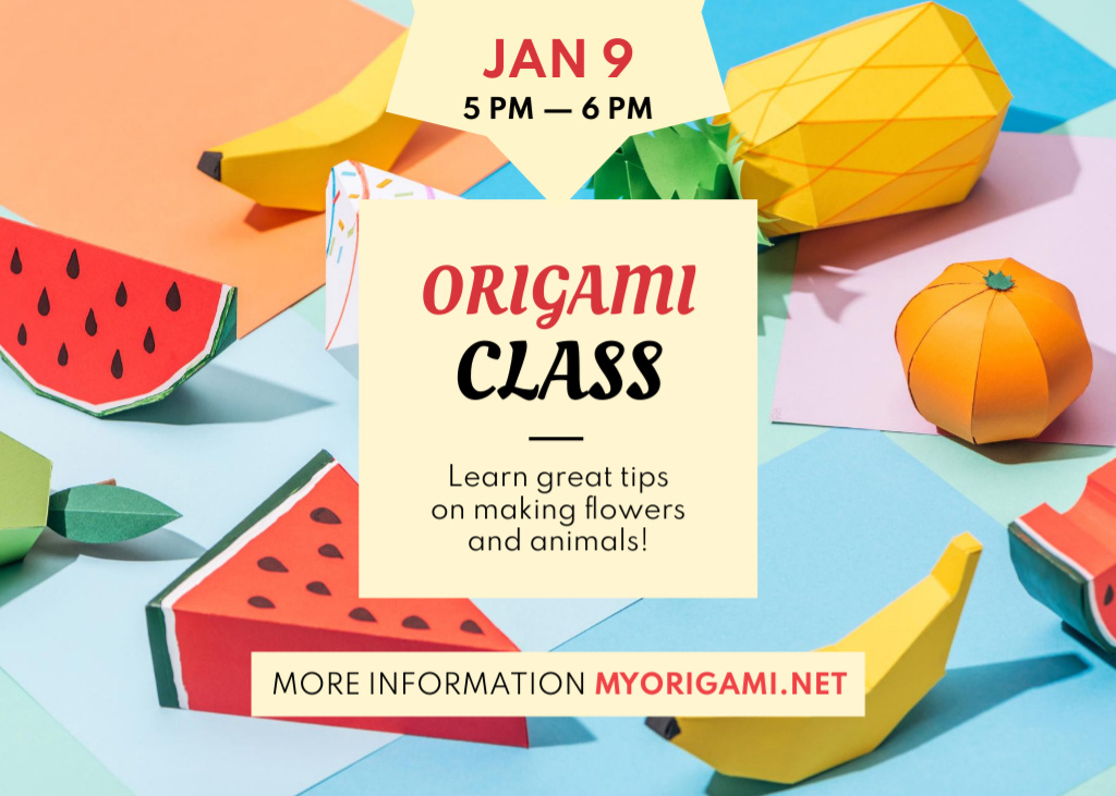 Plantilla de diseño de Origami Classes With Illustrated Fruits Postcard 5x7in 
