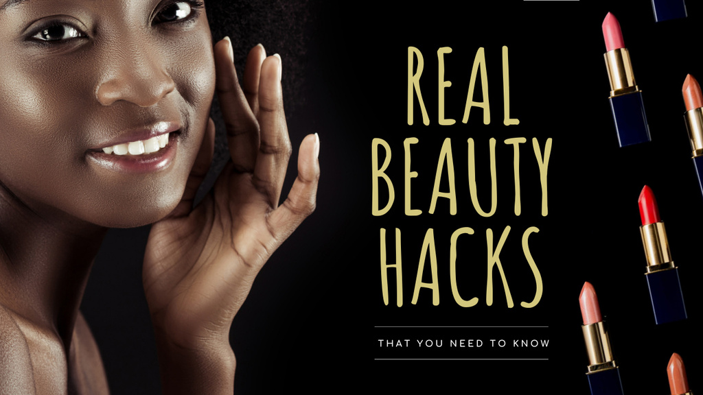 Beauty Hacks Smiling Woman with Lipsticks Youtube Thumbnail Modelo de Design