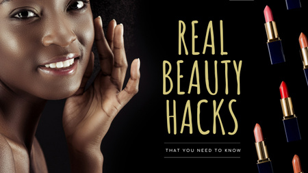 Beauty Hacks Улыбающаяся женщина с помадами Youtube Thumbnail – шаблон для дизайна