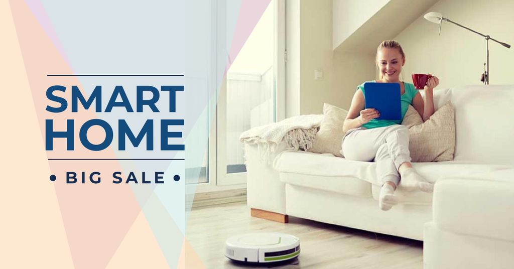Designvorlage Smart Home Gadgets Offer with Woman on sofa für Facebook AD