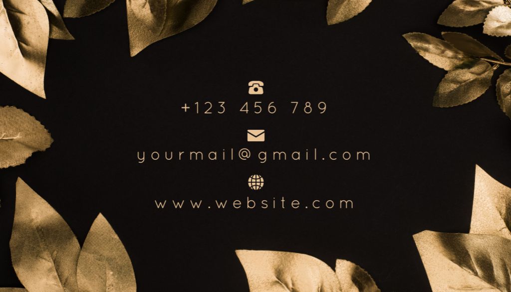 Flower Shop Ad with Golden Leaves on Black Business Card USデザインテンプレート