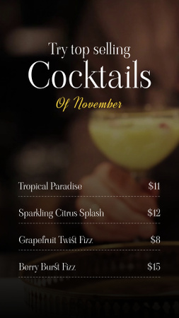 Designvorlage Meistverkaufte Cocktails im Bar-Angebot für Instagram Video Story