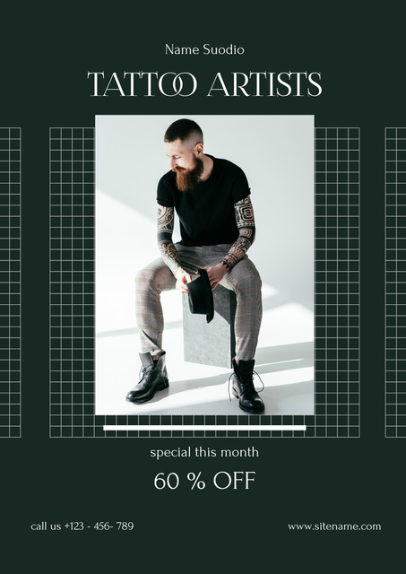 Professional Tattoo Artists Service With Discount In Green Poster Design Template
