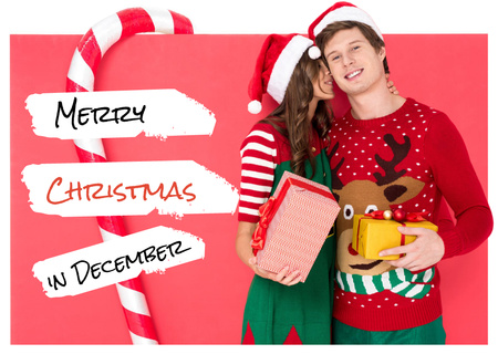 Modèle de visuel Salutations de Noël avec un couple heureux en costumes de vacances - Postcard