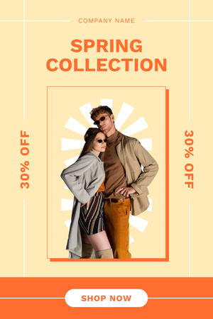 Designvorlage Fashion Spring Sale with Stylish Couple on Orange für Pinterest