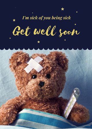 Teddy Bear With Thermometer And Patch Postcard A6 Vertical Design Template