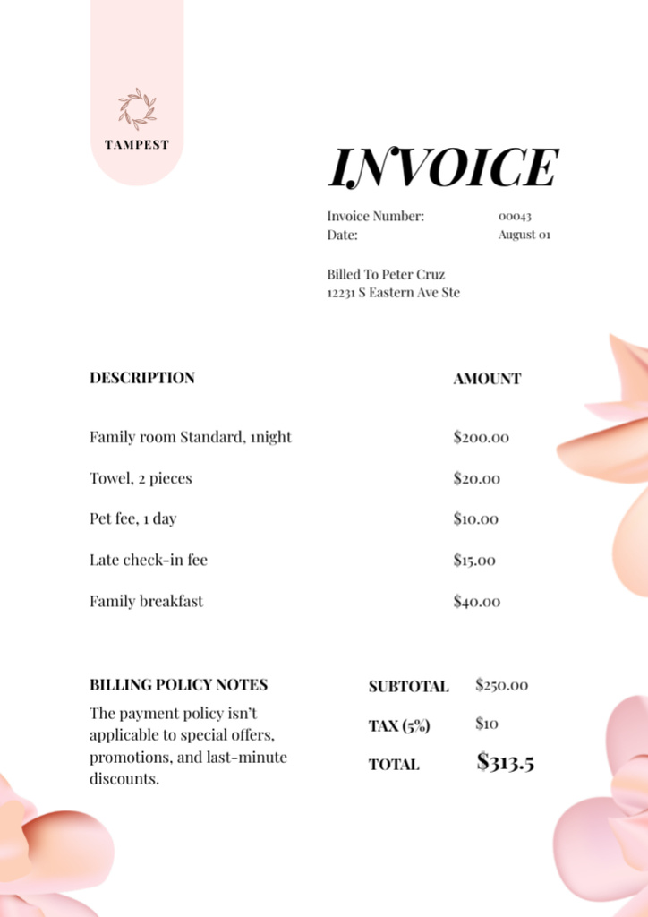 Hotel Services with Floral Pattern Invoice Modelo de Design