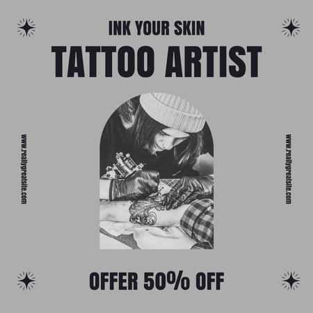 Designvorlage Ink Tattoo Artist Service mit Rabatt in Grau für Instagram