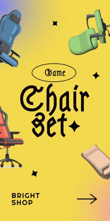 Designvorlage Werbung für Gaming-Ausrüstung mit Angebot an Stühlen in Gelb für Graphic