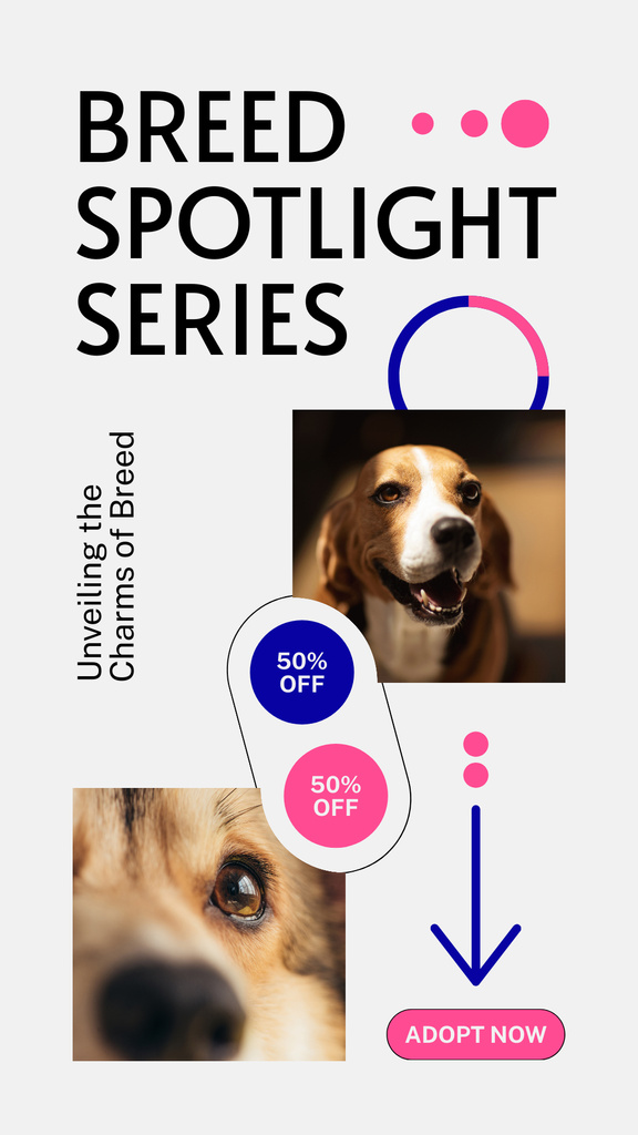 Designvorlage Friendly Dog Breeds for Adoption Available Now für Instagram Story