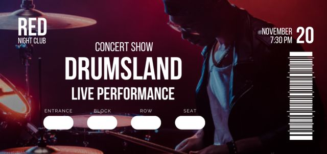 Template di design Concert Show With Musician Playing Drums Ticket DL