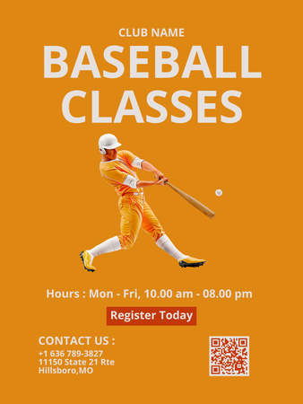 Plantilla de diseño de Anuncio de clases deportivas con jugador de béisbol golpeando la pelota con un bate Poster US 
