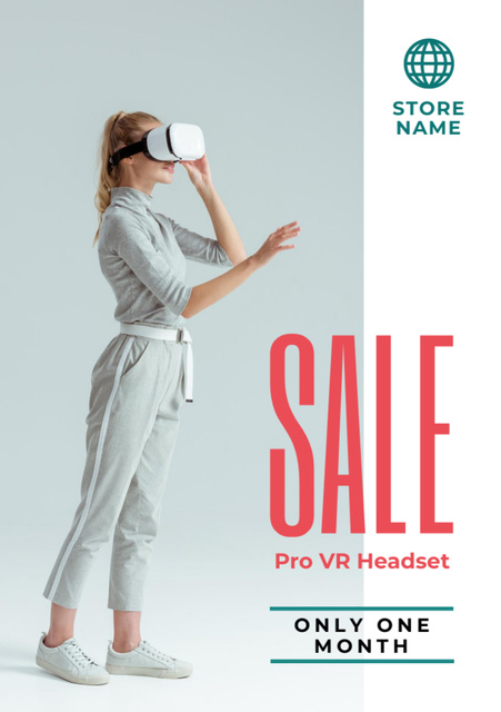 Plantilla de diseño de VR Headsets Sale Ad with Woman Using Virtual Reality Glasses Flyer A7 