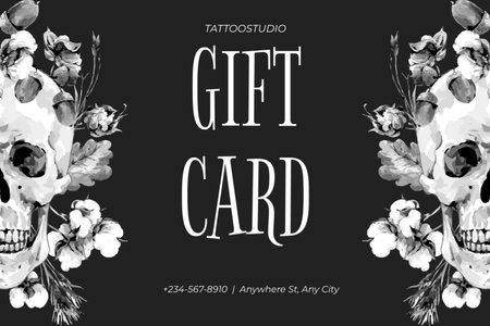 Skull In Flowers And Tattoo Studio Service Offer Gift Certificate Design Template