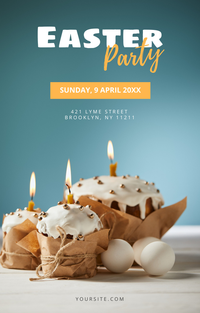 Easter Party Ad with Easter Cakes on Blue Invitation 4.6x7.2in tervezősablon