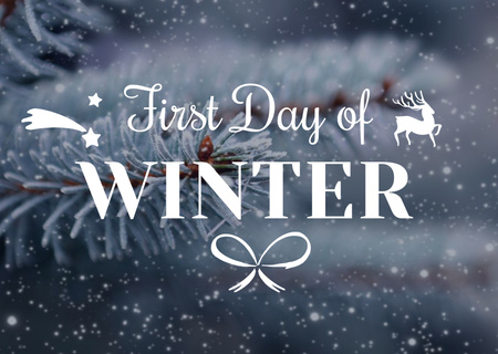 First day of winter with frozen fir tree branch Postcard Design Template