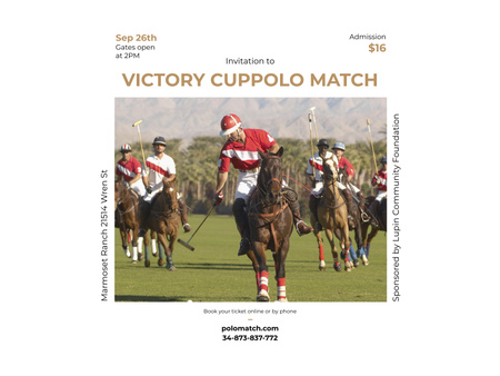 Polo Match Invitation with Players Playing Polo on Green Field Poster 18x24in Horizontal Design Template