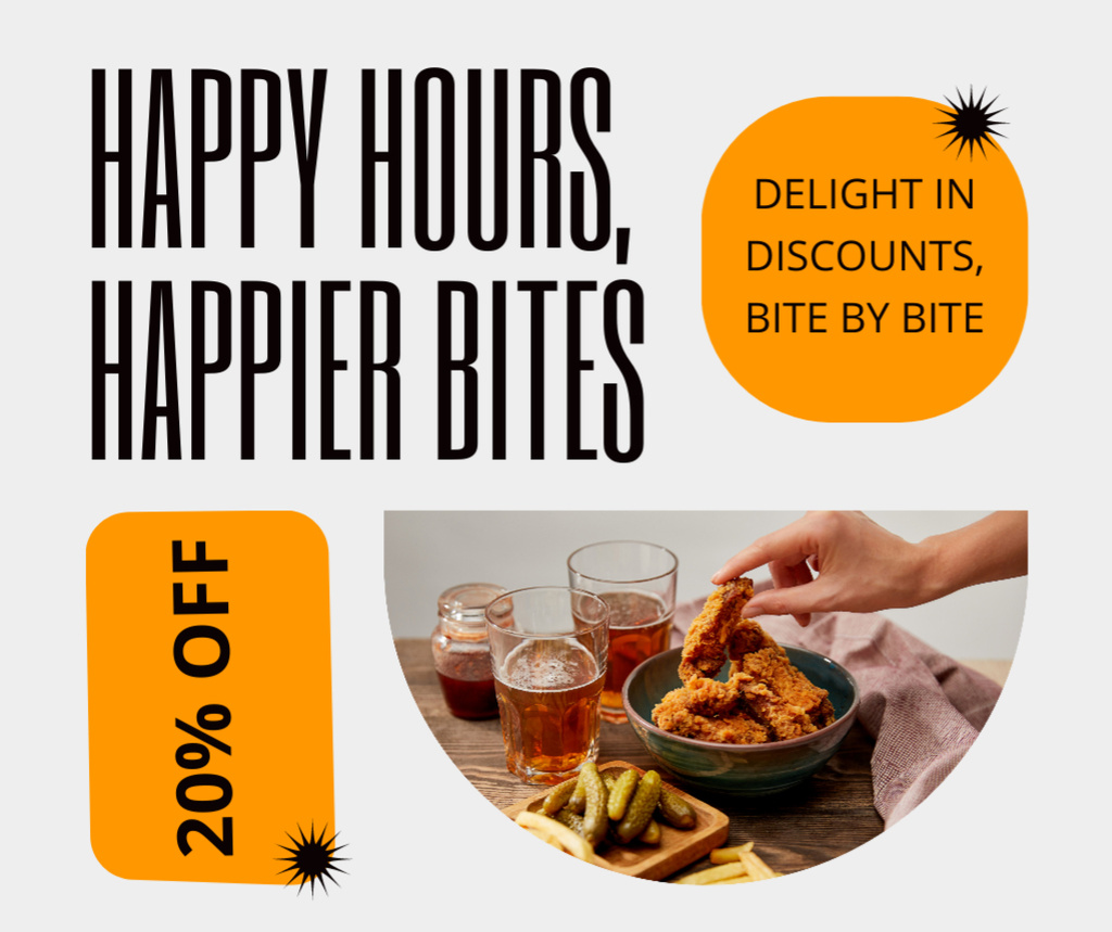 Happy Hours Promo with Food and Drinks on Table Facebookデザインテンプレート