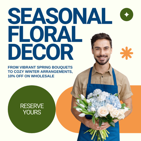 Seasonal Flower Arrangement Advertisement with Smiling Young Man Instagram AD Design Template