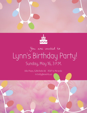 Birthday Party Invitation with Colorful String Lights on Pink Flyer 8.5x11in Tasarım Şablonu