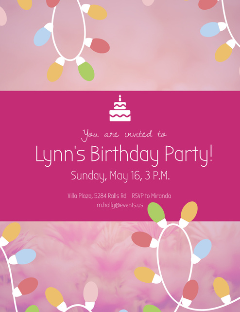 Birthday Party Invitation with Colorful String Lights on Pink Flyer 8.5x11in Šablona návrhu