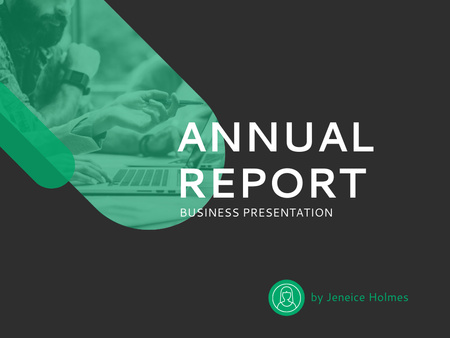 Annual Business Report In Green With Laptop Presentation Design Template