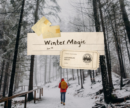 Plantilla de diseño de inspiración de invierno con guy en el bosque nevado Facebook 