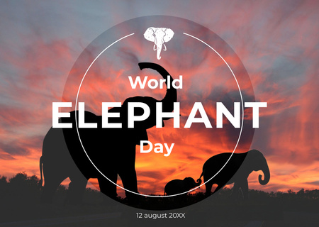 World Elephant Day with Elephants on Sunset Postcard Design Template