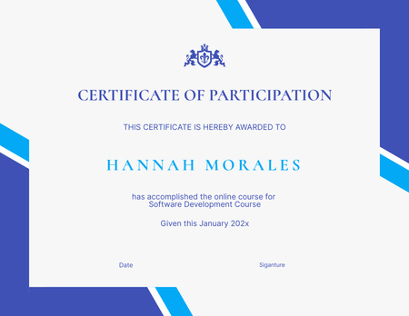 Award for Participation in Software Development Course Certificate Design Template