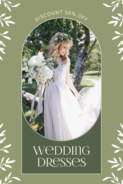 Plantilla de diseño de Sale of Wedding Dresses with Bride on Green Pinterest 