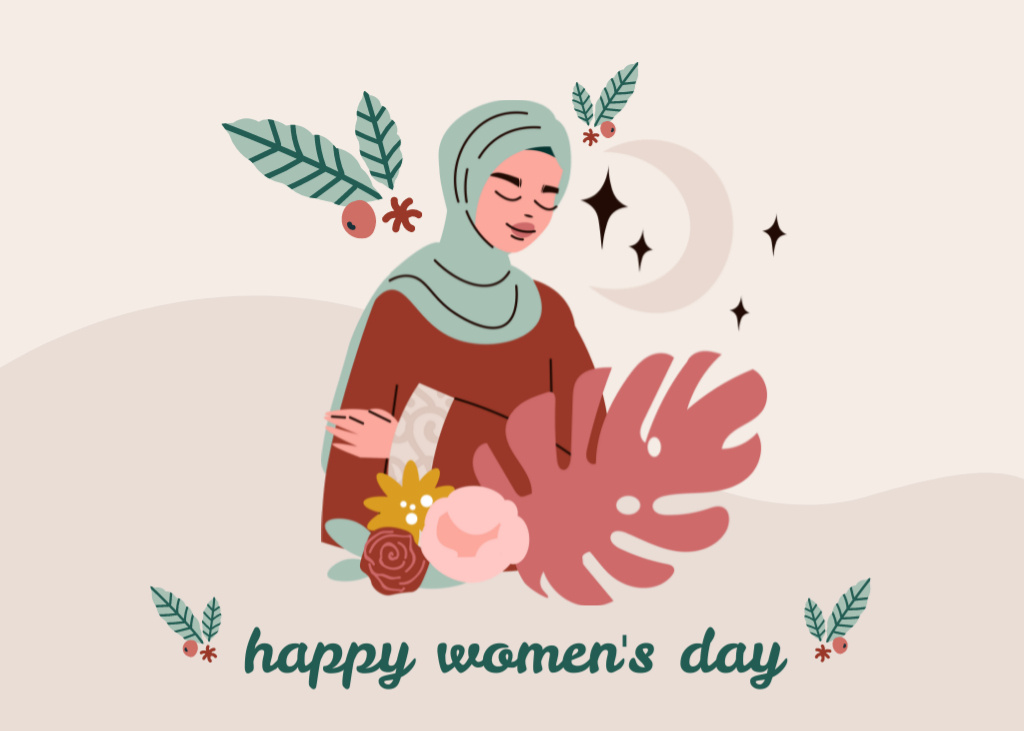 International Women's Day Greeting with Muslim Woman Postcard 5x7in Design Template