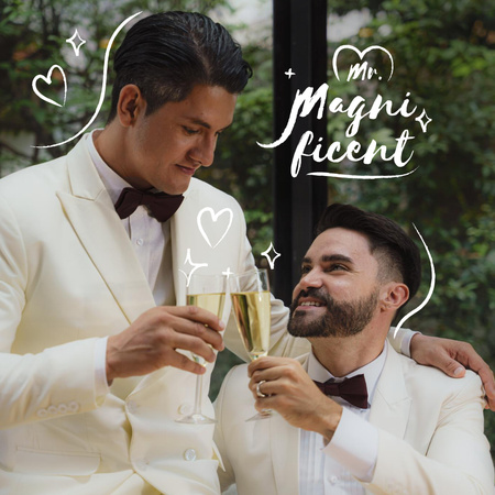 Happy LGBT Couple celebrating Wedding with Champagne Instagram tervezősablon