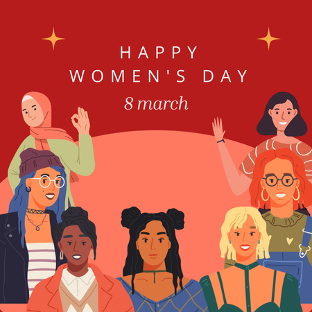 Разнообразные многорасовые женщины в Международный женский день Instagram – шаблон для дизайна