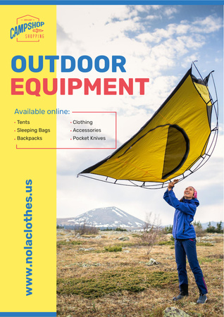 Outdoor Equipment Ad with Woman Adjusting Tent Poster A3 Design Template