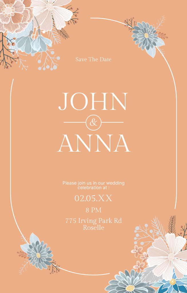 Wedding Announcement with Beautiful Floral Illustration Invitation 4.6x7.2in Design Template