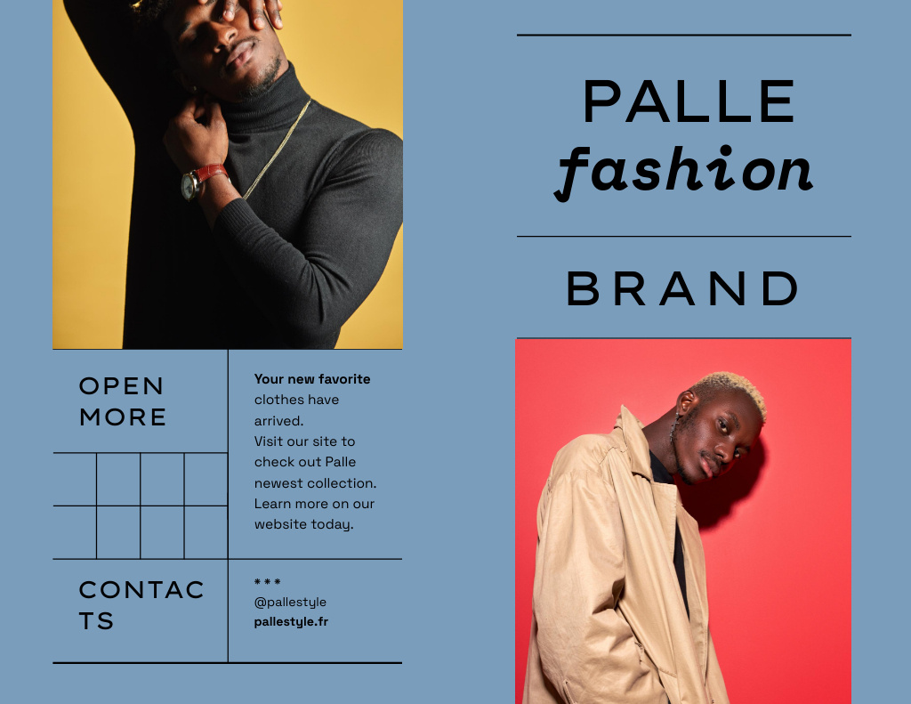 Fashion Ad with Men in Stylish Outfits on Blue Brochure 8.5x11in Bi-fold – шаблон для дизайна
