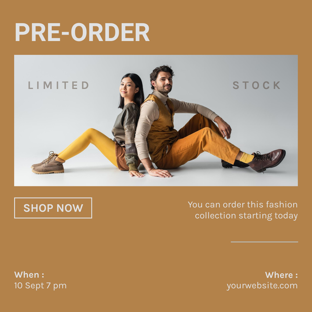 Plantilla de diseño de Fashion Pre-Order Product Offer with Couple Posing on Floor Instagram 