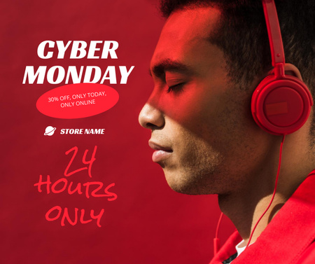 Cyber Monday sale,Man with headphones Facebook Tasarım Şablonu