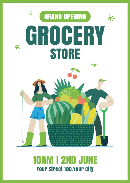 Template di design Grocery Store Promotion with Food Basket and People Flayer