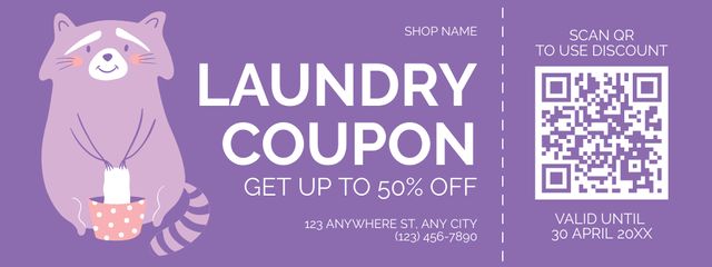 Discount Voucher for Laundry Services with Cute Raccoon Coupon Design Template