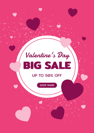 Valentine's Day Big Sale Ad with Pink Hearts Postcard A5 Vertical – шаблон для дизайна