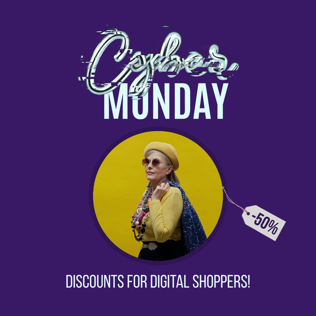 Cyber Monday Sale with Fashionable Senior Woman Animated Post Design Template