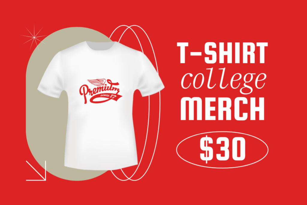 College Apparel and Merchandise Offer with White T-shirt Label tervezősablon