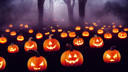 Scary Halloween Night In Forest With Jack-o'-lanterns Zoom Background Design Template