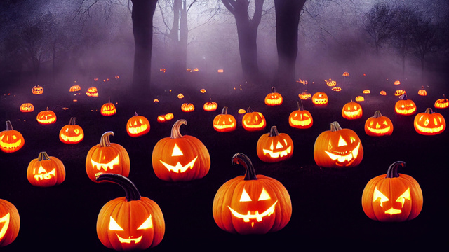 Scary Halloween Night In Forest With Jack-o'-lanterns Zoom Background Modelo de Design